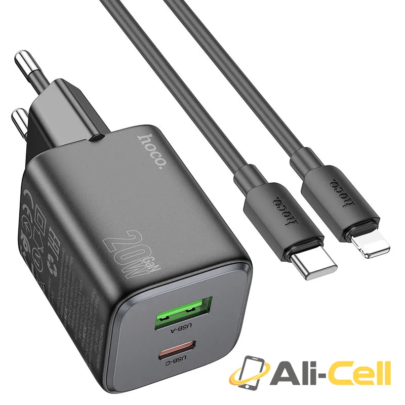 Wall charger “N41 Almighty” PD20W + QC3.0 EU cable set (N41 Set Tc Ltn Black, Set With Type C To Lightning Cable)