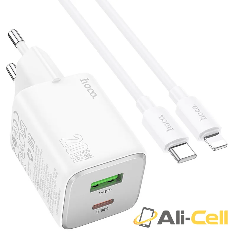 Wall charger “N41 Almighty” PD20W + QC3.0 EU cable set (N41 Set Tc Ltn White, Set With Type C To Lightning Cable)