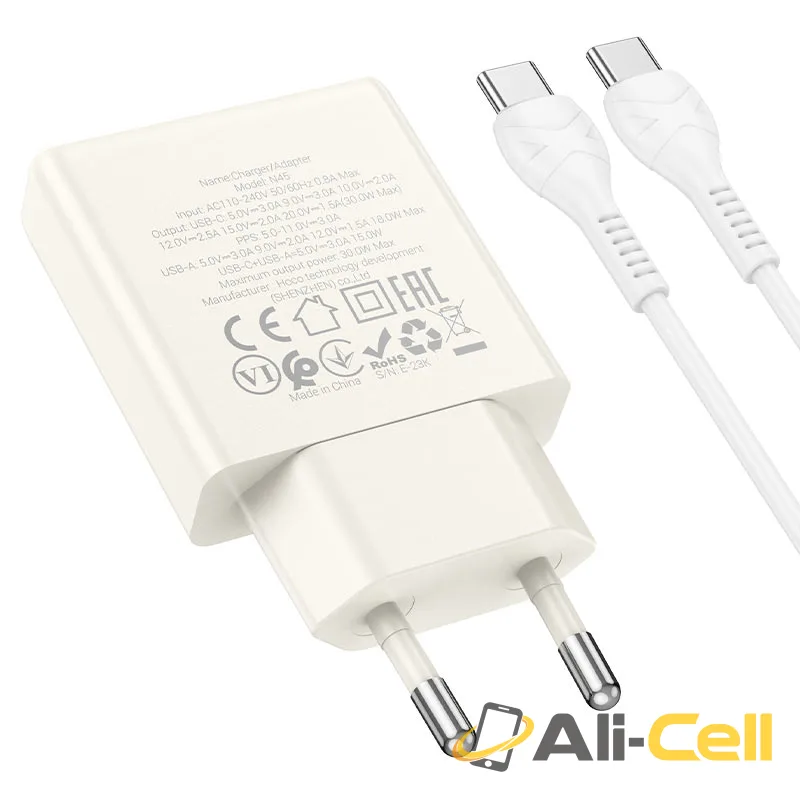 Wall charger “N45 Biscuit” PD30W + QC3.0 EU cable set (N45 Set Tc Ltn Titanium Blue, Set With Type C To Lightning Cable) — 5