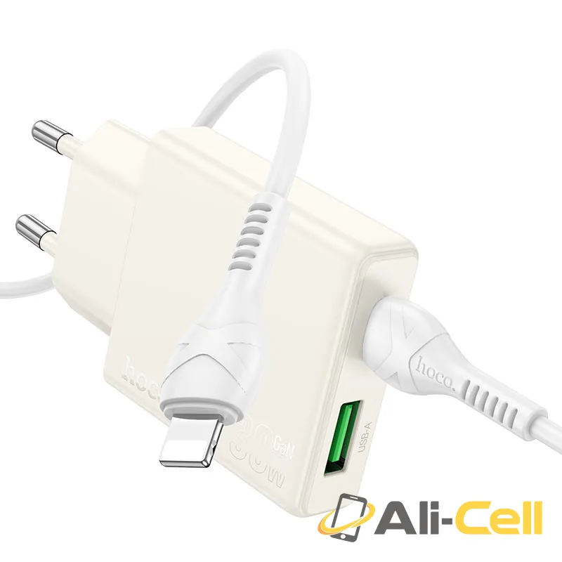 Wall charger “N45 Biscuit” PD30W + QC3.0 EU cable set (N45 Set Tc Ltn Moonlight White, Set With Type C To Lightning Cable)