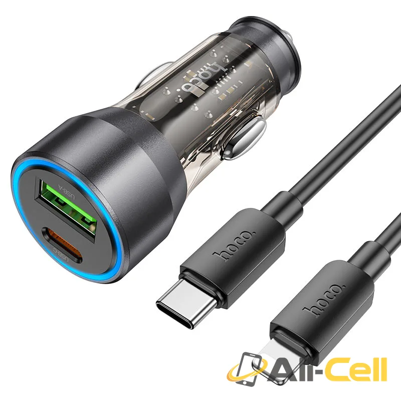 Car charger “NZ12A Action” 43W cable set (Nz12a Set Tc Ltn Transparent Black, Set With Type C To Lightning Cable)