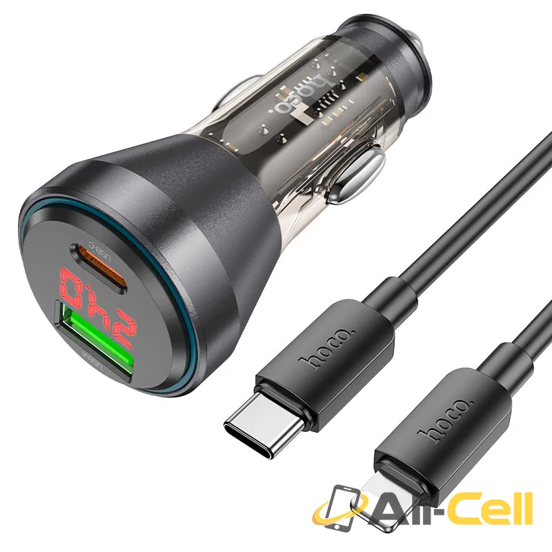 Car charger “NZ12B Unimpeded” 48W cable set (Nz12b Set Tc Ltn Transparent Black, Set With Type C To Lightning Cable)