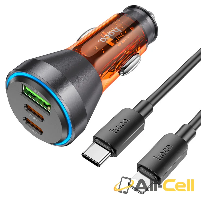 Car charger “NZ12D Lucky” 60W cable set (Nz12d Set Tc Ltn Transparent Orange, Set With Type C To Lightning Cable)