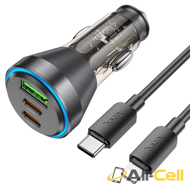 Car charger “NZ12D Lucky” 60W cable set (Nz12d Set Tc Ltn Transparent Black, Set With Type C To Lightning Cable)