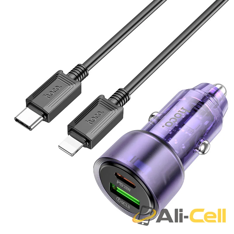 Car charger “Z52 Spacious” 38W cable set (Z52 Set Tc Ltn Transparent Purple, Set With Type C To Lightning Cable)