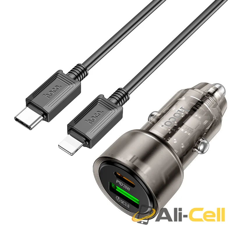 Car charger “Z52 Spacious” 38W cable set (Z52 Set Tc Ltn Transparent Black, Set With Type C To Lightning Cable)