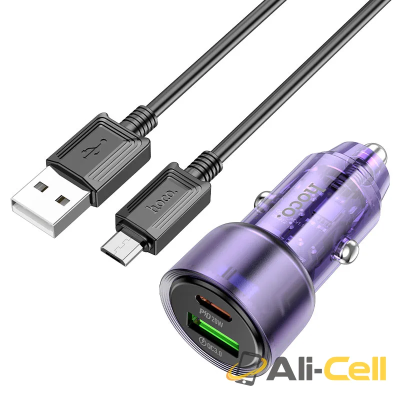 Car charger “Z52 Spacious” 38W cable set (Z52 Set Usb Musb Transparent Purple, Set With Micro Usb Cable)