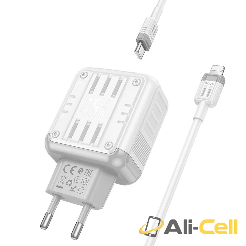 Wall charger “C136A Rock” PD45W EU cable set (C136a Tc Ip White, Set With Type C To Ip Cable) — 3
