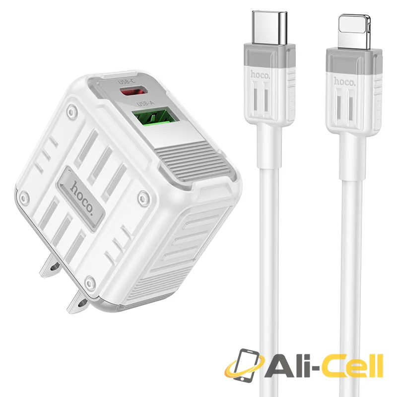 Wall charger “C135 Rock” PD20W + QC3.0 US cable set (C135 Tc Ip White, Set With Type C To Ip Cable)