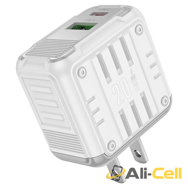 Wall charger “C135 Rock” PD20W + QC3.0 US cable set (C135 White, Single)