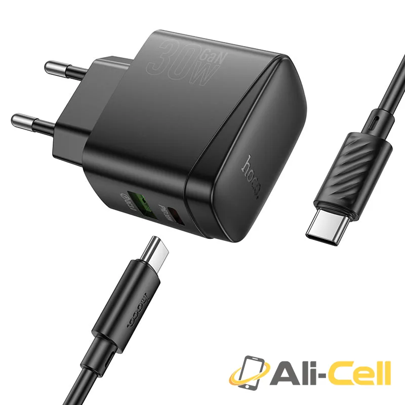 Wall charger “CS61A Bright” PD30W + QC3.0 EU cable set (Cs61a Tc Ip Black, Set With Type C To Ip Cable) — 3