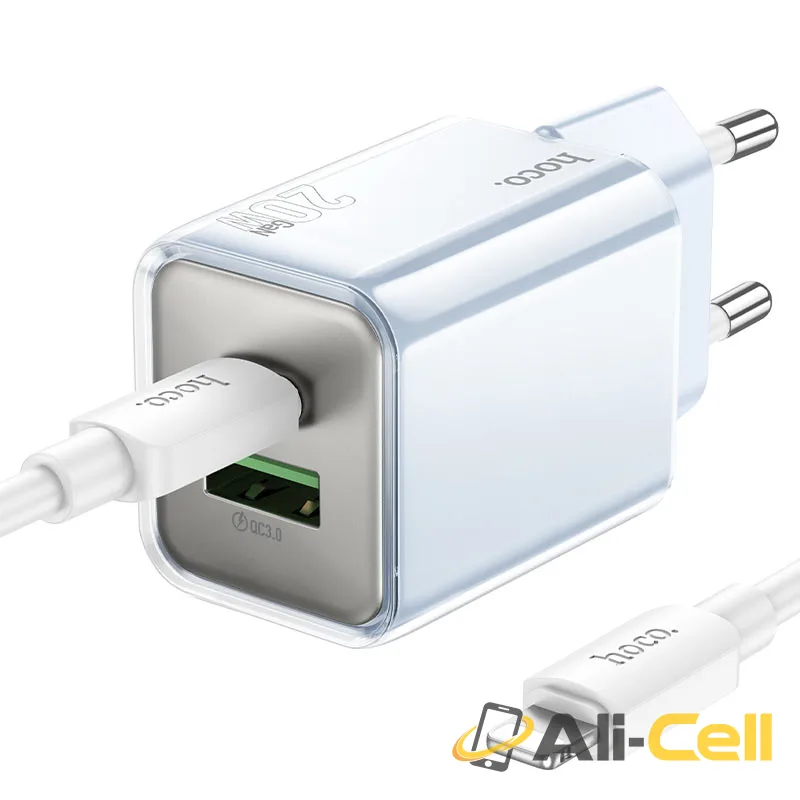 Wall charger “N46 Glorious” PD20W + QC3.0 EU cable set (N46 Tc Ip Blue, Set With Type C To Ip Cable)