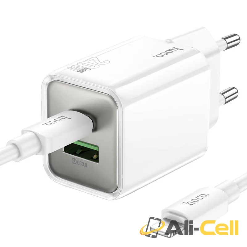 Wall charger “N46 Glorious” PD20W + QC3.0 EU cable set (N46 Tc Ip White, Set With Type C To Ip Cable)