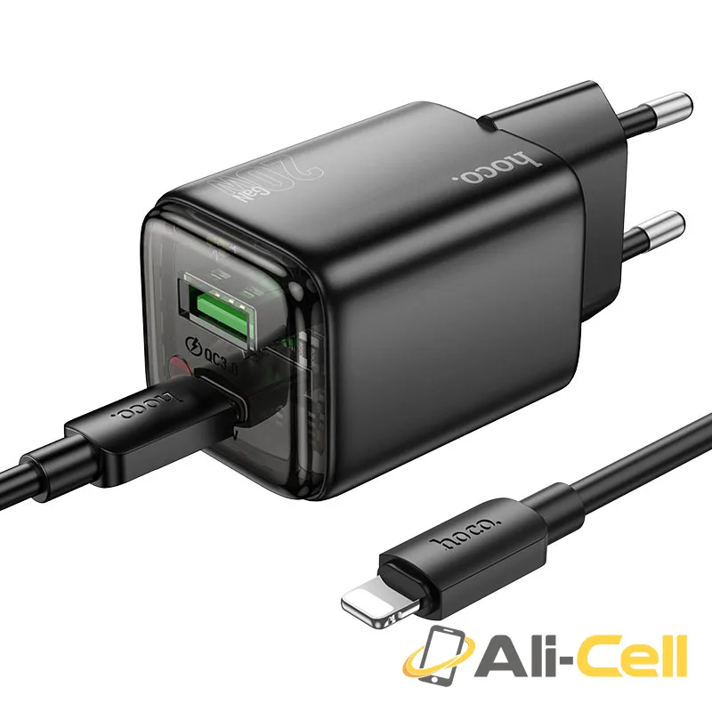 Wall charger “N52 Monsoon” PD20W + QC3.0 EU cable set (N52 Tc Ip Black, Set With Type C To Ip Cable)