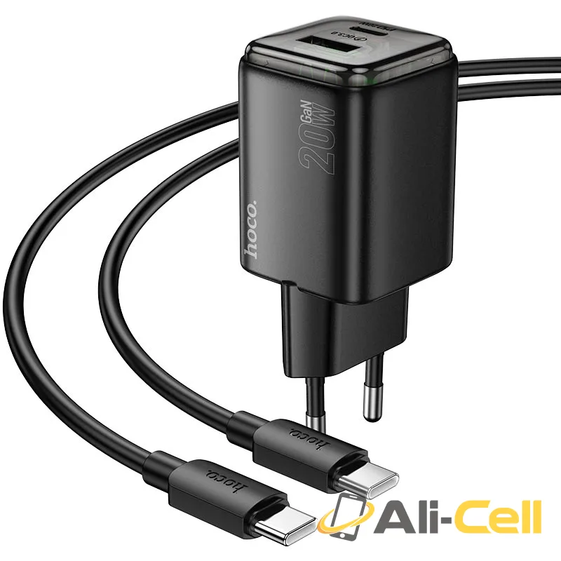 Wall charger “N52 Monsoon” PD20W + QC3.0 EU cable set (N52 Tc Ip Black, Set With Type C To Ip Cable) — 3