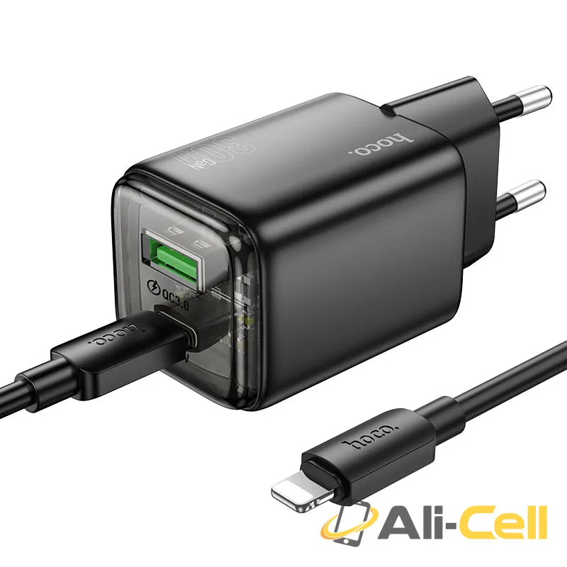 Wall charger “N53 Monsoon” PD30W + QC3.0 EU cable set (N53 Tc Ip Black, Set With Type C To Ip Cable)