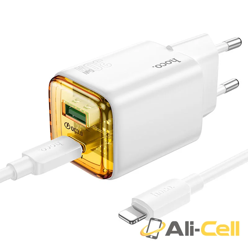 Wall charger “N53 Monsoon” PD30W + QC3.0 EU cable set (N53 Tc Ip White, Set With Type C To Ip Cable)