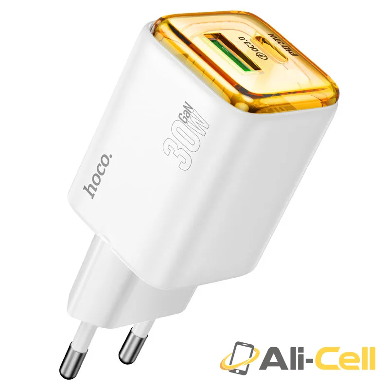 Wall charger “N53 Monsoon” PD30W + QC3.0 EU cable set (N53 Tc Ip White, Set With Type C To Ip Cable) — 2