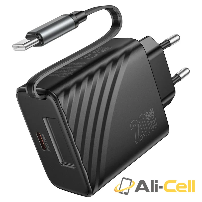 Wall charger “N57 Full” PD20W EU retractable cable (N57 Black)