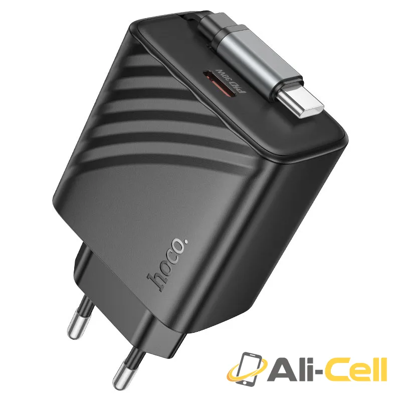 Wall charger “N58 Full” PD30W EU retractable cable (N58 Black) — 2