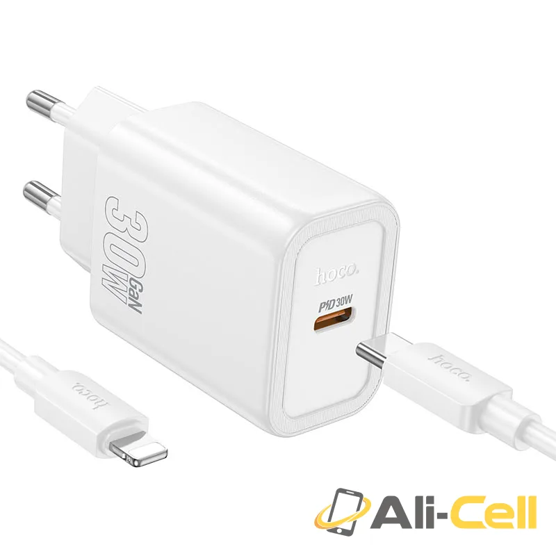 Wall charger “N62 Gentle” PD30W EU cable set (N62 Tc Ip White, Set With Type C To Ip Cable)