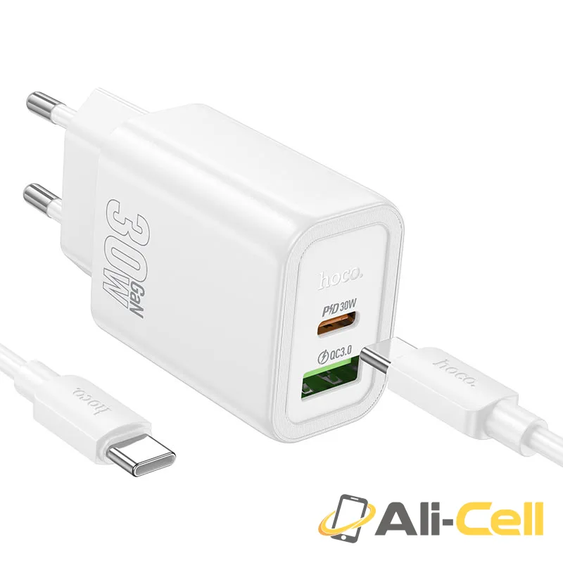 Wall charger “N63 Gentle” PD30W + QC3.0 EU cable set (N63 Tc Tc White, Set With Type C To Type C Cable)