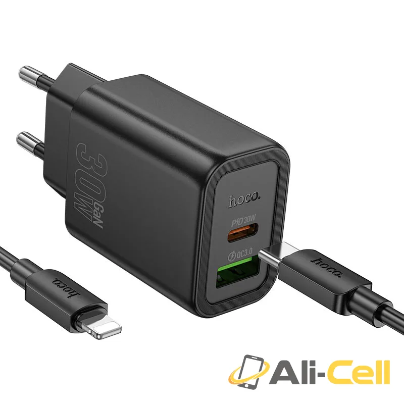 Wall charger “N63 Gentle” PD30W + QC3.0 EU cable set (N63 Tc Ip Black, Set With Type C To Ip Cable)