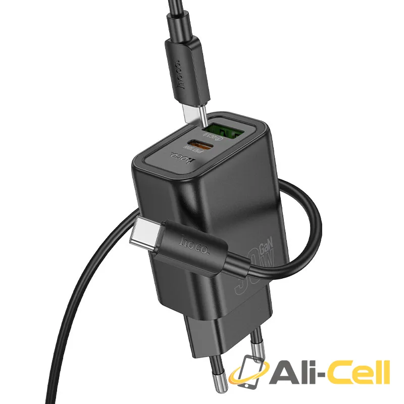 Wall charger “N63 Gentle” PD30W + QC3.0 EU cable set (N63 Tc Ip Black, Set With Type C To Ip Cable) — 3