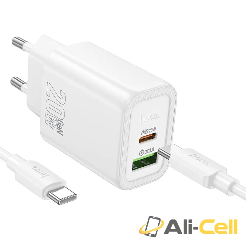Wall charger “N61 Gentle” PD20W + QC3.0 EU cable set (N61 Tc Tc White, Set With Type C To Type C Cable)
