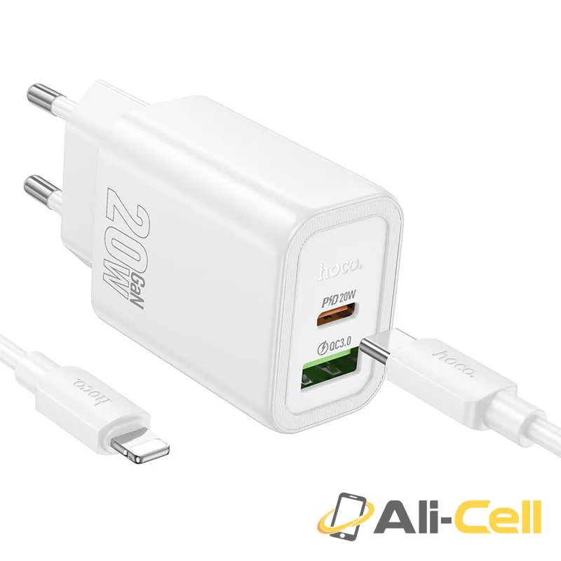 Wall charger “N61 Gentle” PD20W + QC3.0 EU cable set (N61 Tc Ip White, Set With Type C To Ip Cable)