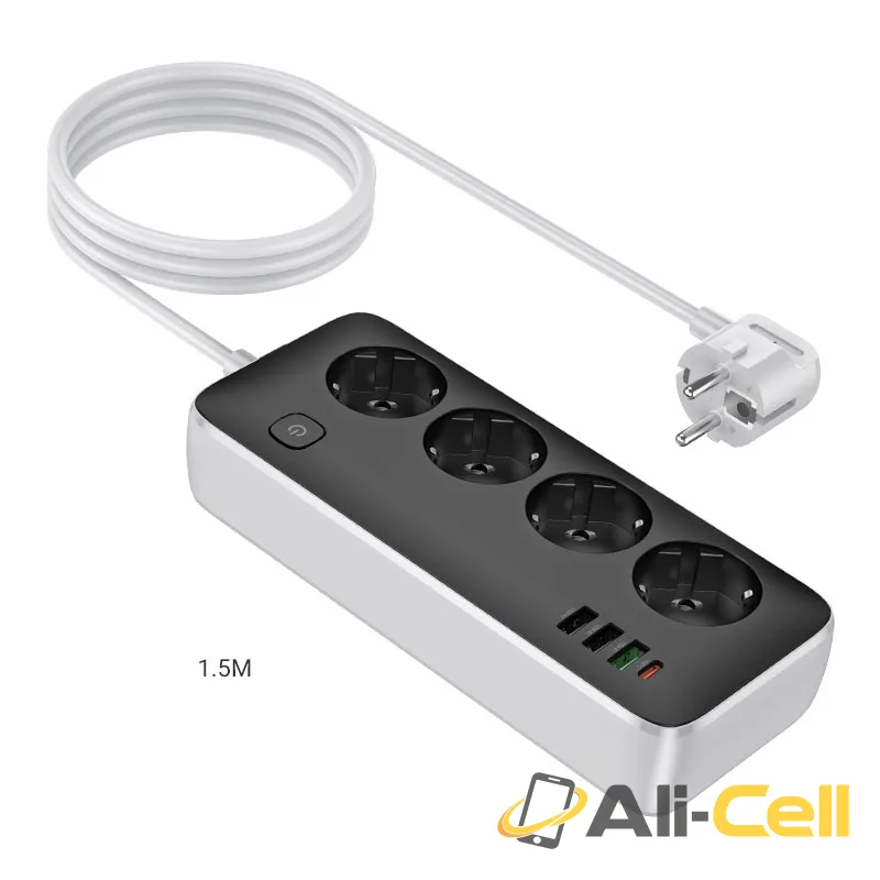 Power strip “AC22 Sunlight” PD30W 4 ports + 4 sockets EU / GER (Ac22 Black, 1.5m) — 3