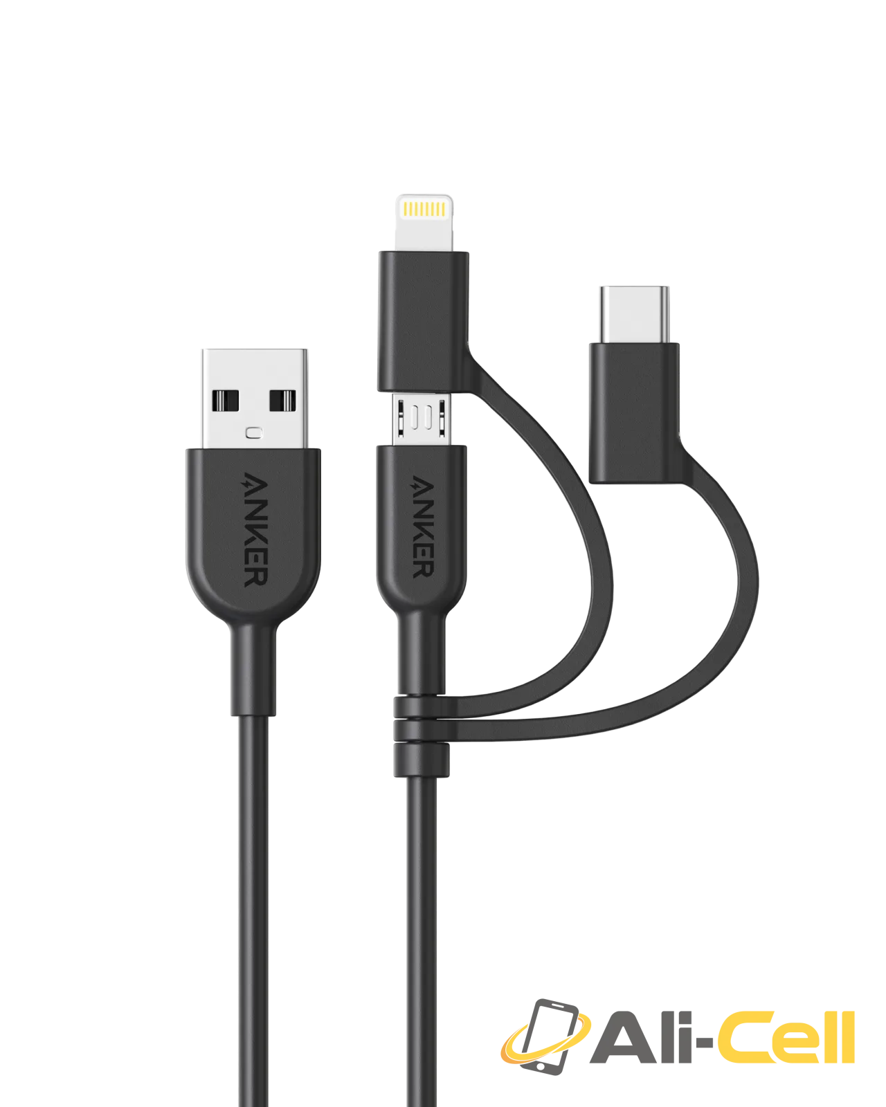 Anker 321 USB-A to Lightning Cable (3 ft 3-in-1) (Black)
