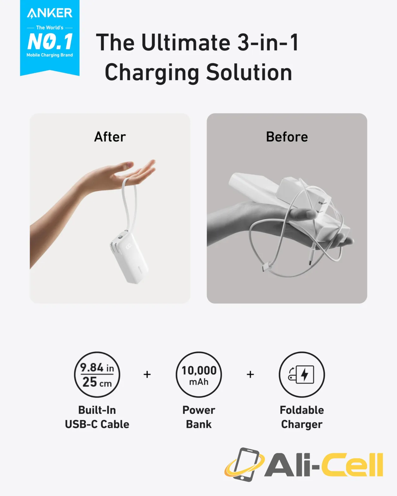 Anker Power Bank (10K, Fusion, Built-In Cable) (Built-In USB-C Cable / Truffle Black) — 2