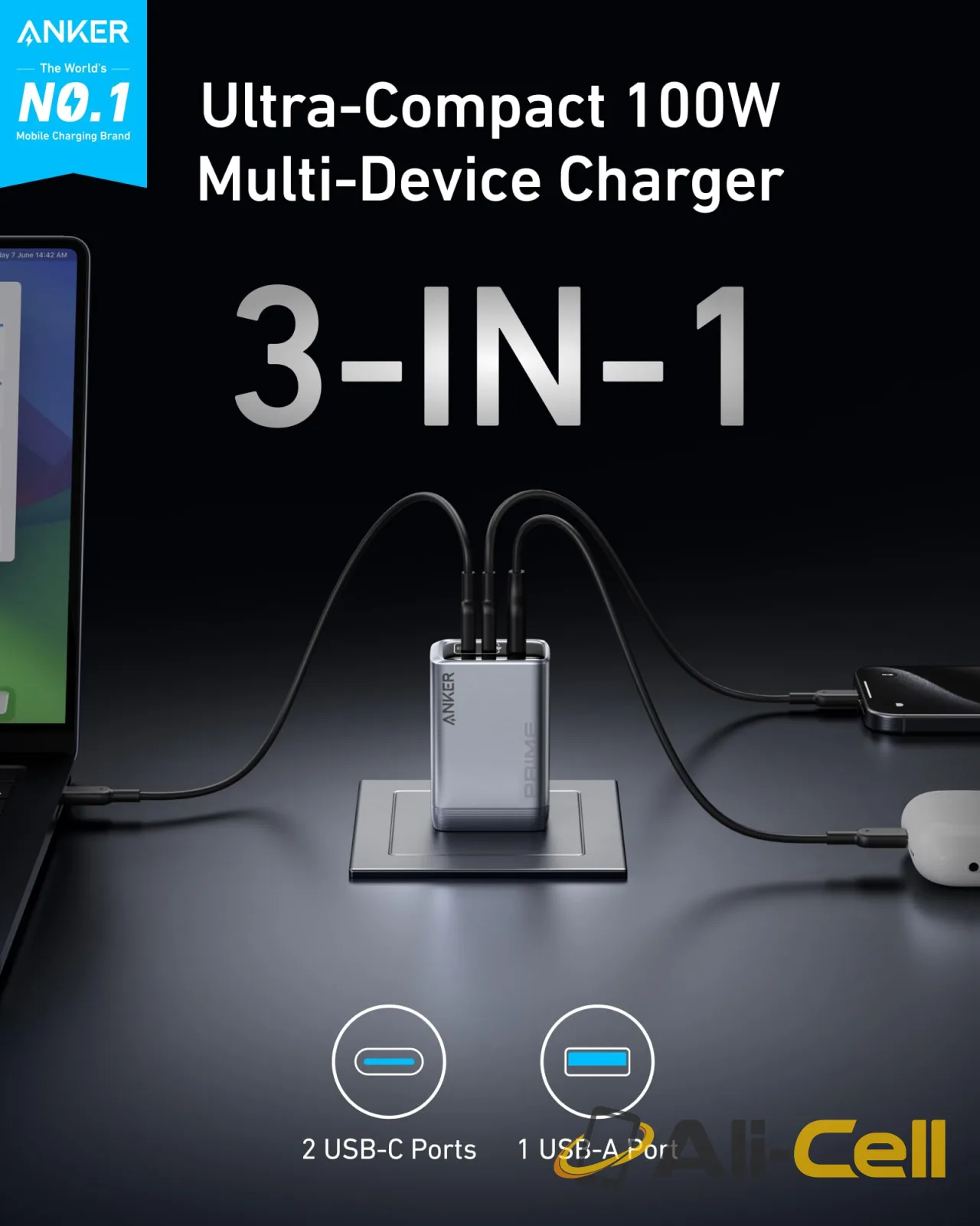 Anker Prime Charger (100W, 3 Ports, GaN) and Anker Prime USB-C to USB-C Cable (240W, Upcycled-Braided) (3 ft) — 2