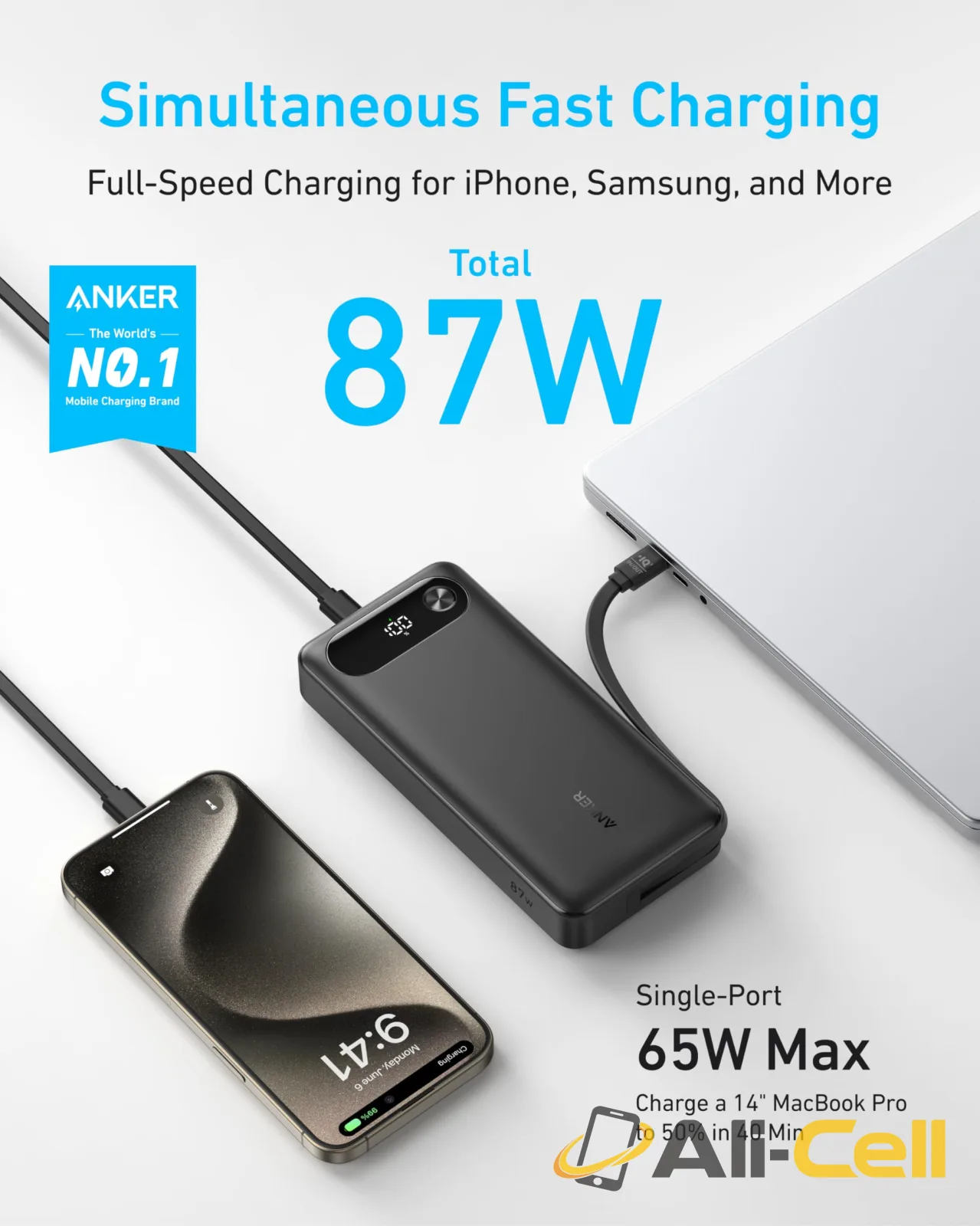 Anker Power Bank (20K, 87W, Built-In USB-C Cable) (Black) — 2