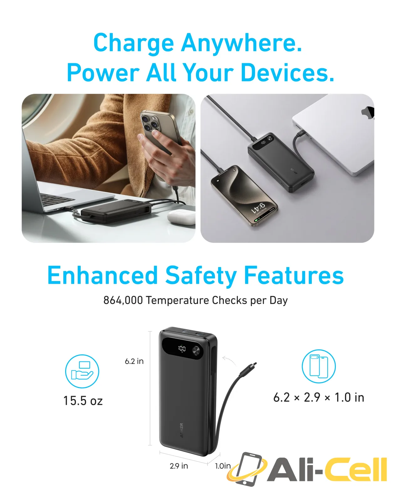 Anker Power Bank (20K, 87W, Built-In USB-C Cable) (Black) — 6