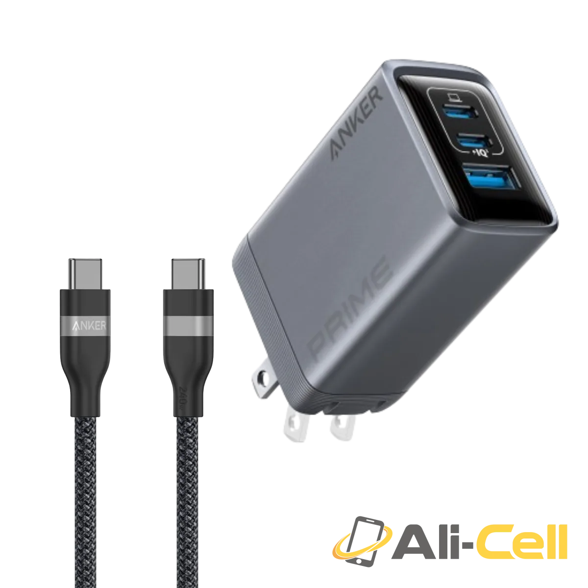 Anker Prime Charger (100W, 3 Ports, GaN) and Anker USB-C to USB-C Cable (3 ft / 6 ft, 240W, Upcycled-Braided)