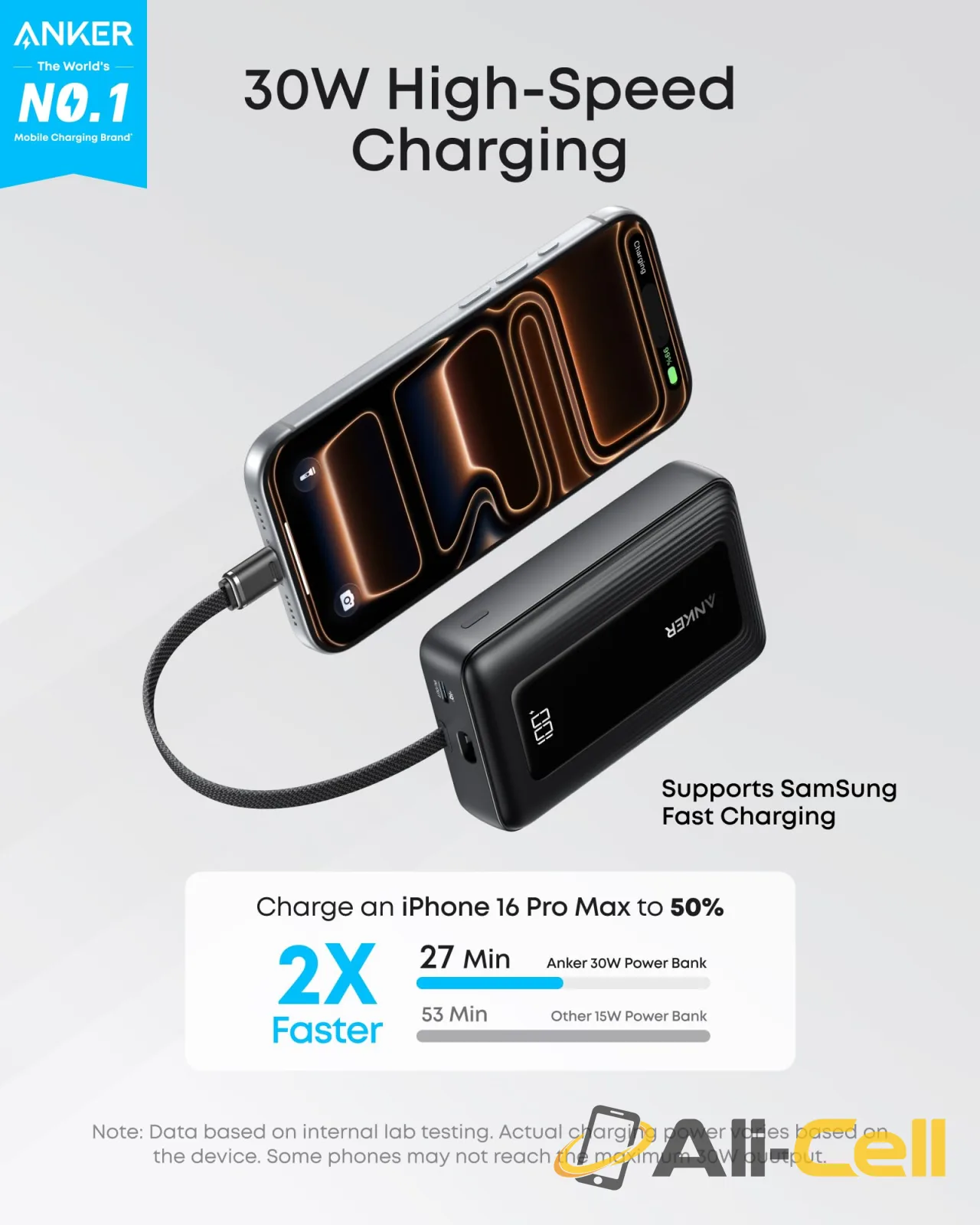 Anker Zolo Power Bank (10K, 30W) with a 5.4-inch (13.7 cm) built-in USB-C cable. (Misty Blue) — 3