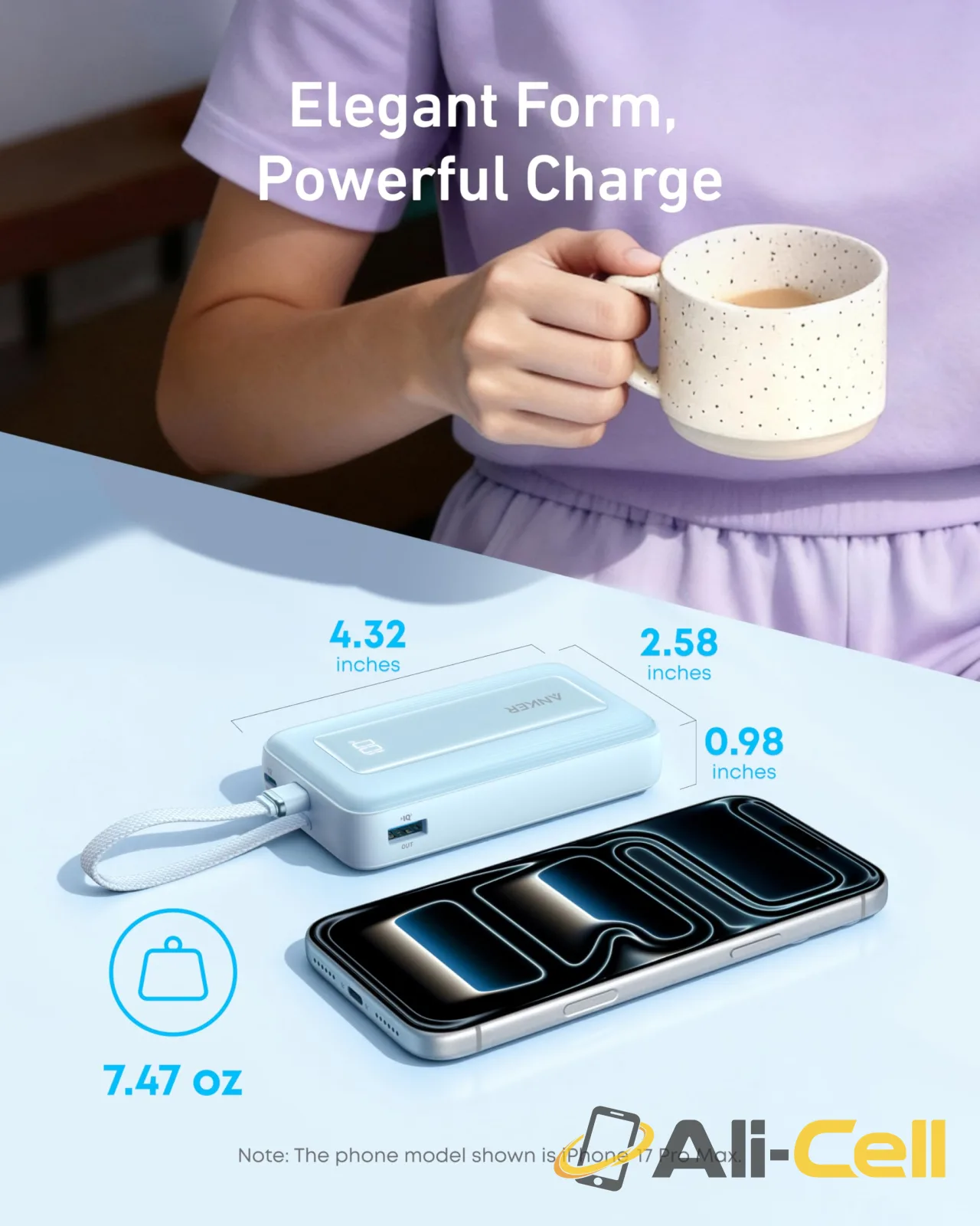 Anker Zolo Power Bank (10K, 30W) with a 5.4-inch (13.7 cm) built-in USB-C cable. (Misty Blue) — 5