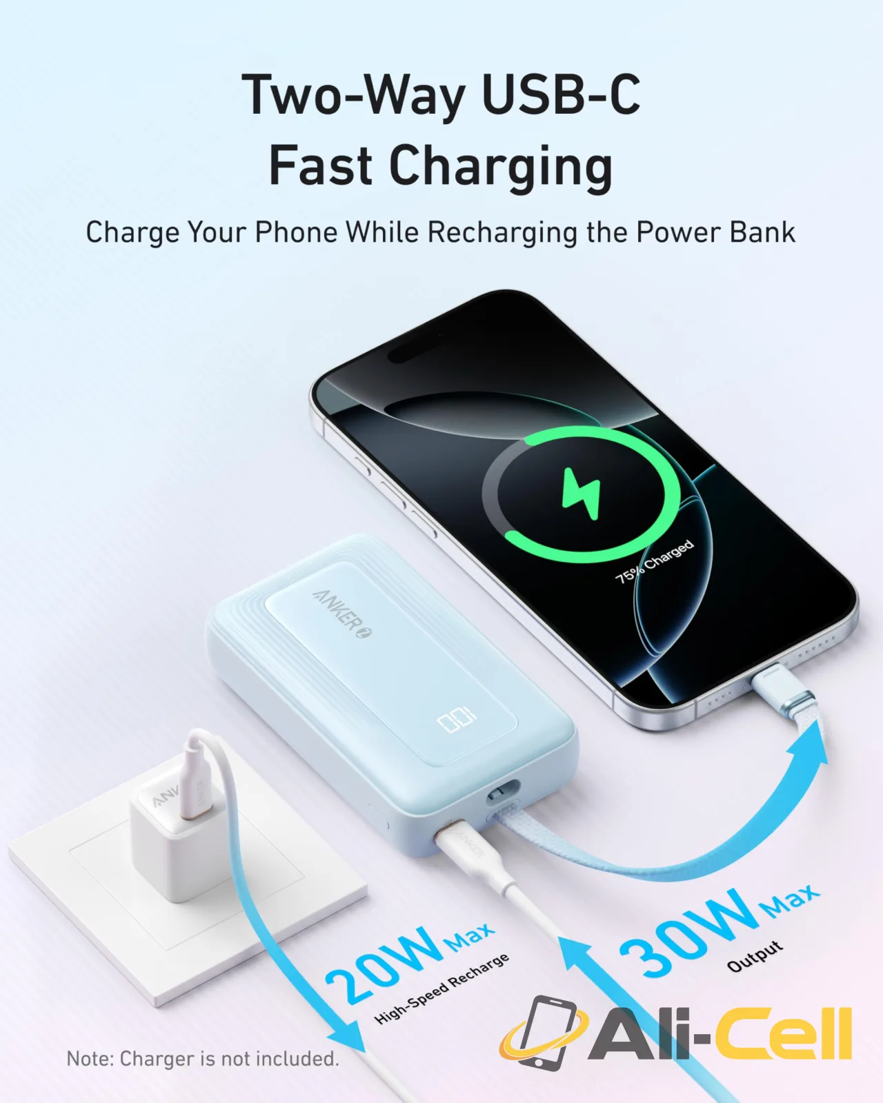 Anker Zolo Power Bank (10K, 30W) with a 5.4-inch (13.7 cm) built-in USB-C cable. (Misty Blue) — 6