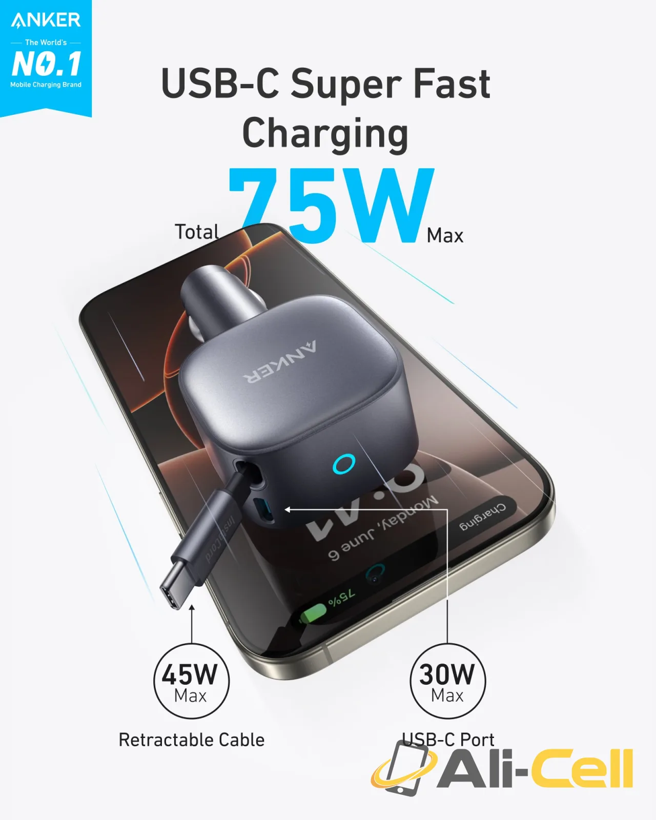 Anker Nano 75W Car Charger and Anker Prime USB-C to USB-C Cable (240W, Upcycled-Braided) — 3