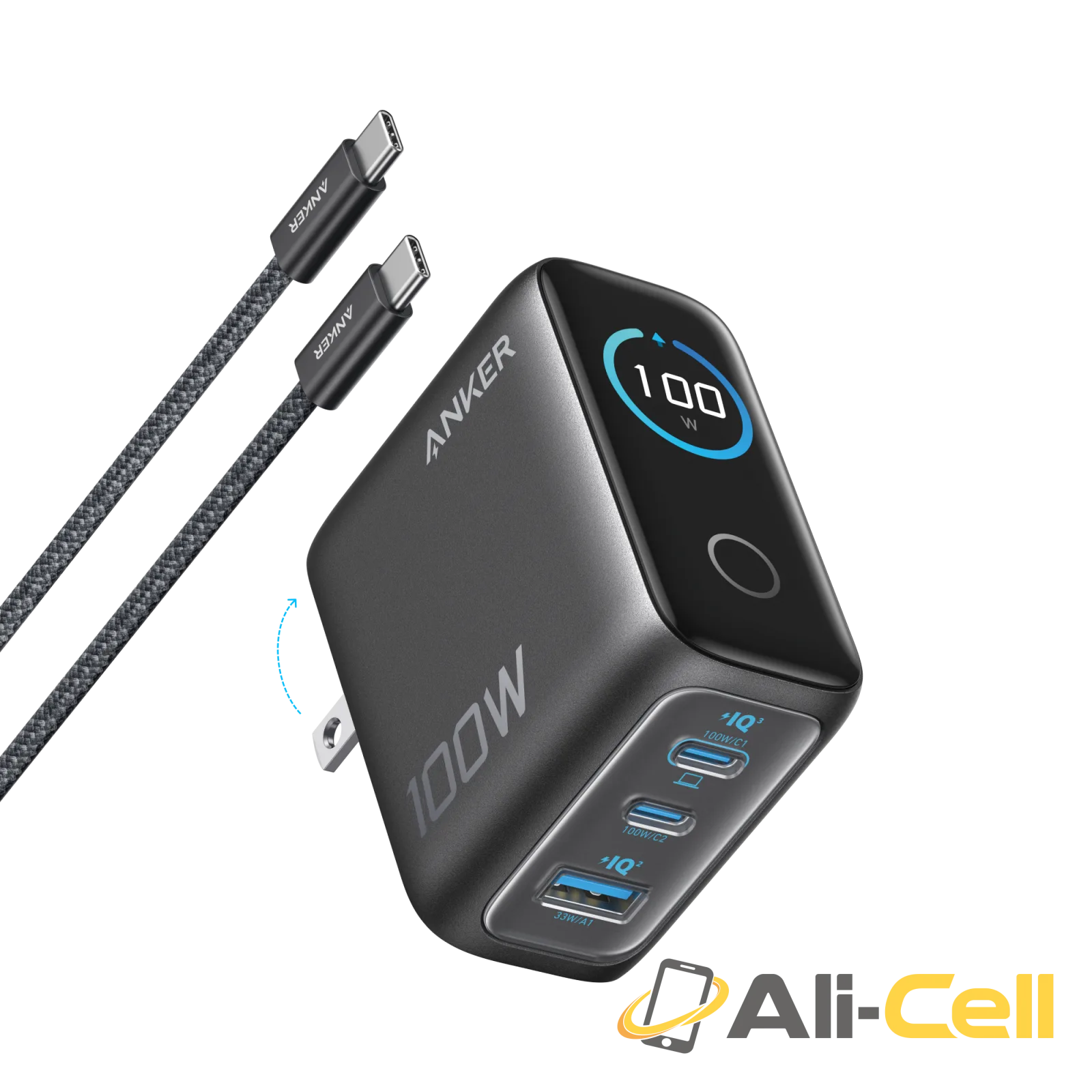 Anker Charger (100W, 3 Ports, Smart Display) (Silver) — 2