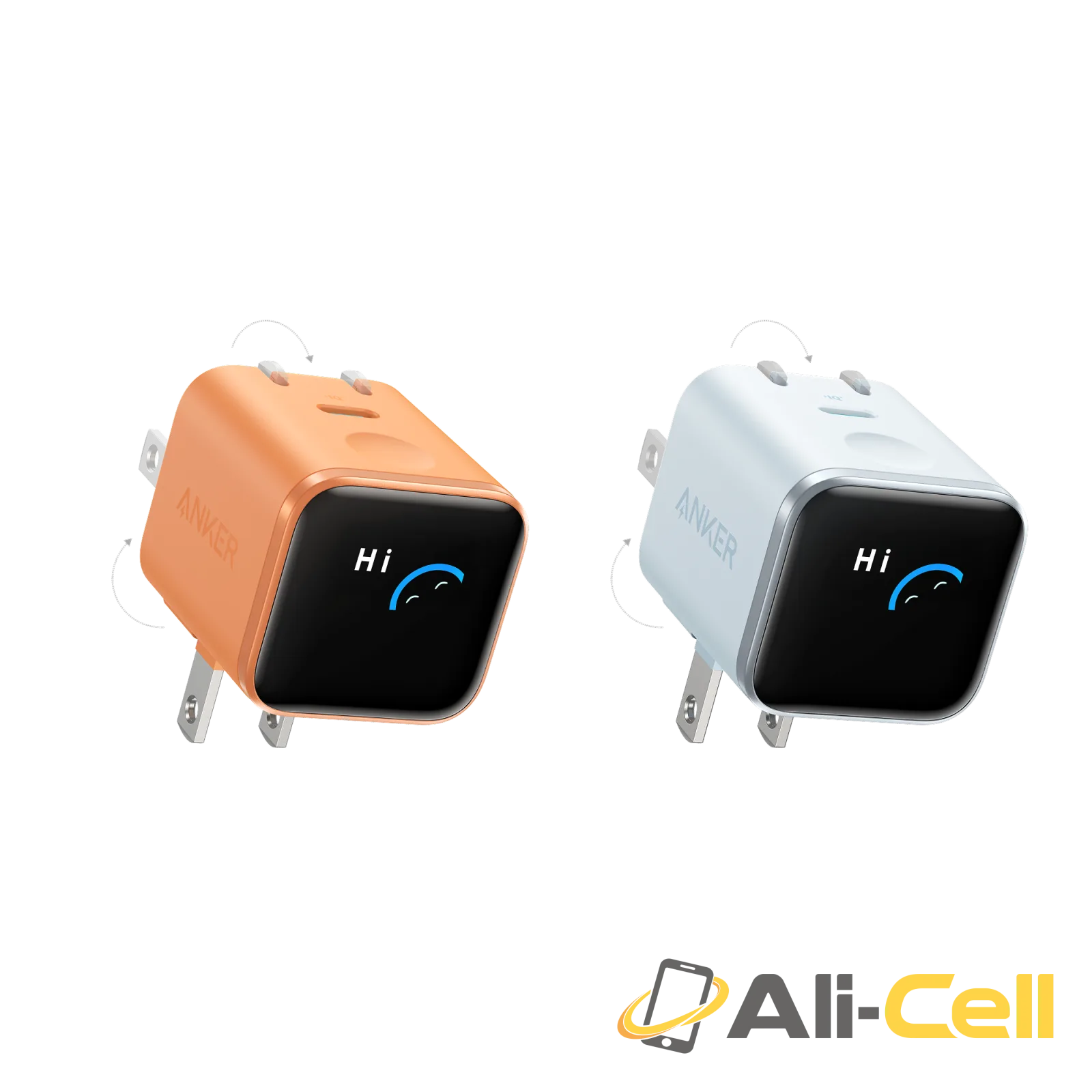 Anker Nano Charger (45W, Smart Display, 180° Foldable) (Orange + Blue | 1-Pack Each)