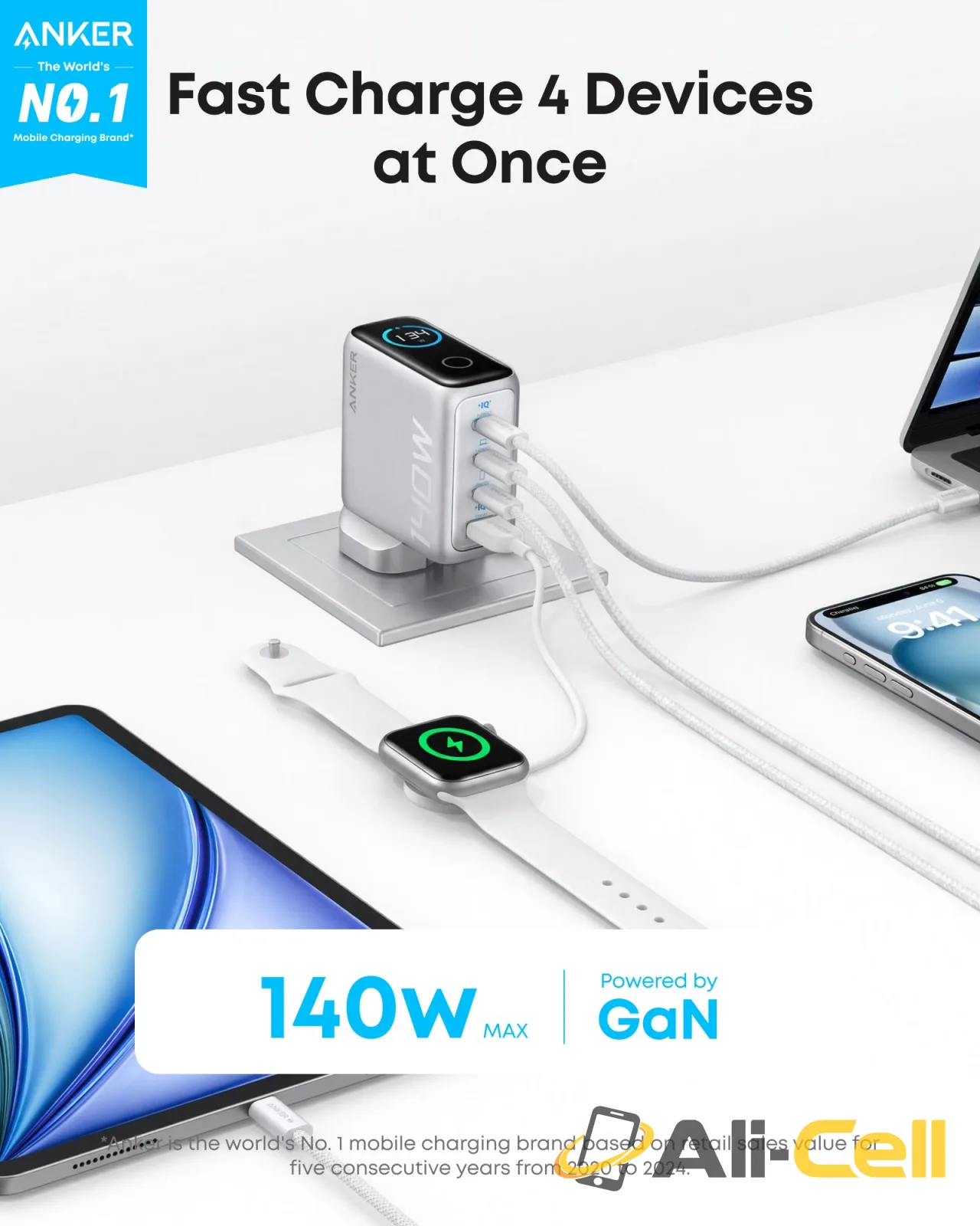 Anker Laptop Charger (140W, 4-Port, PD 3.1) with USB-C Cable (Dark Gray) — 8
