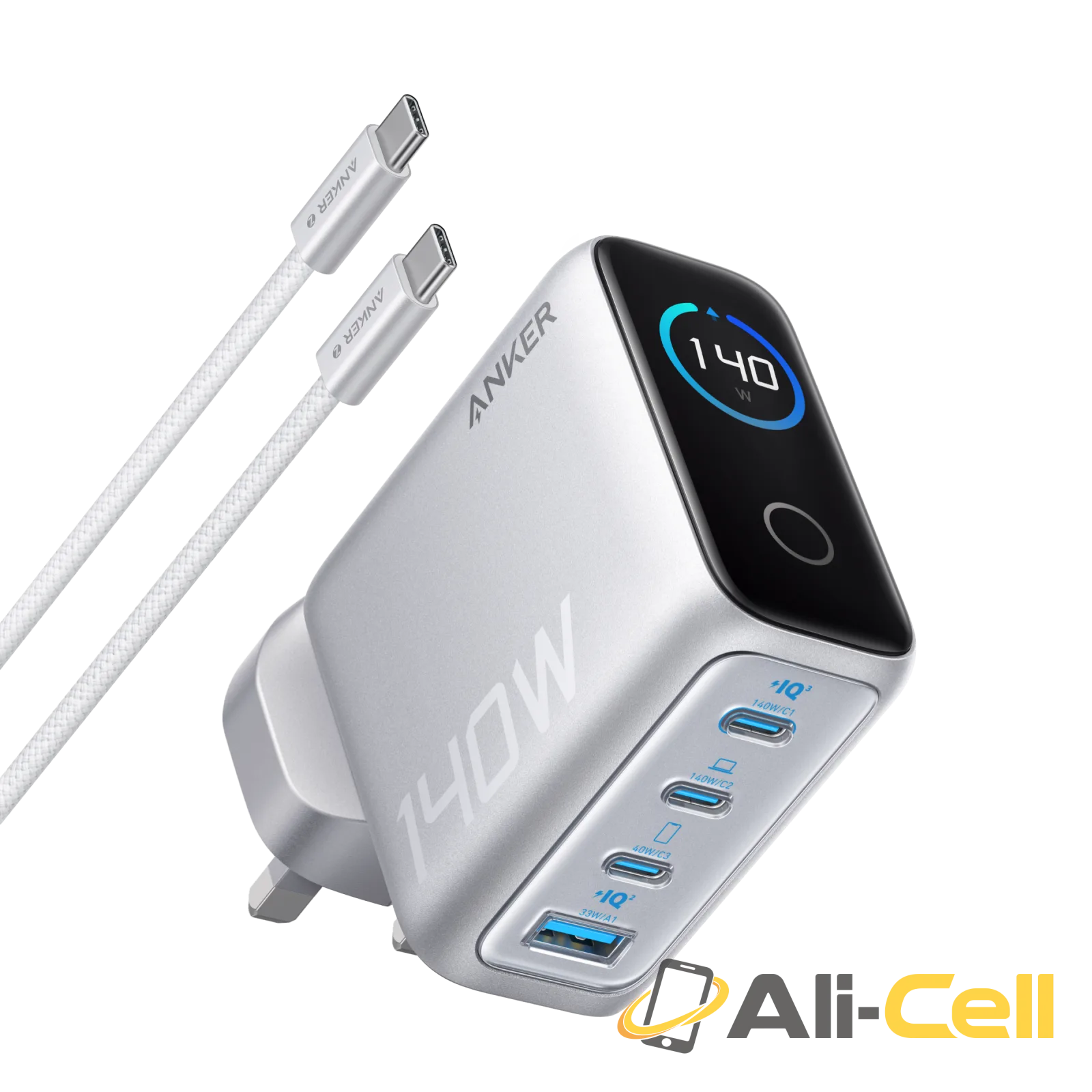 Anker Laptop Charger (140W, 4-Port, PD 3.1) with USB-C Cable (Silver)