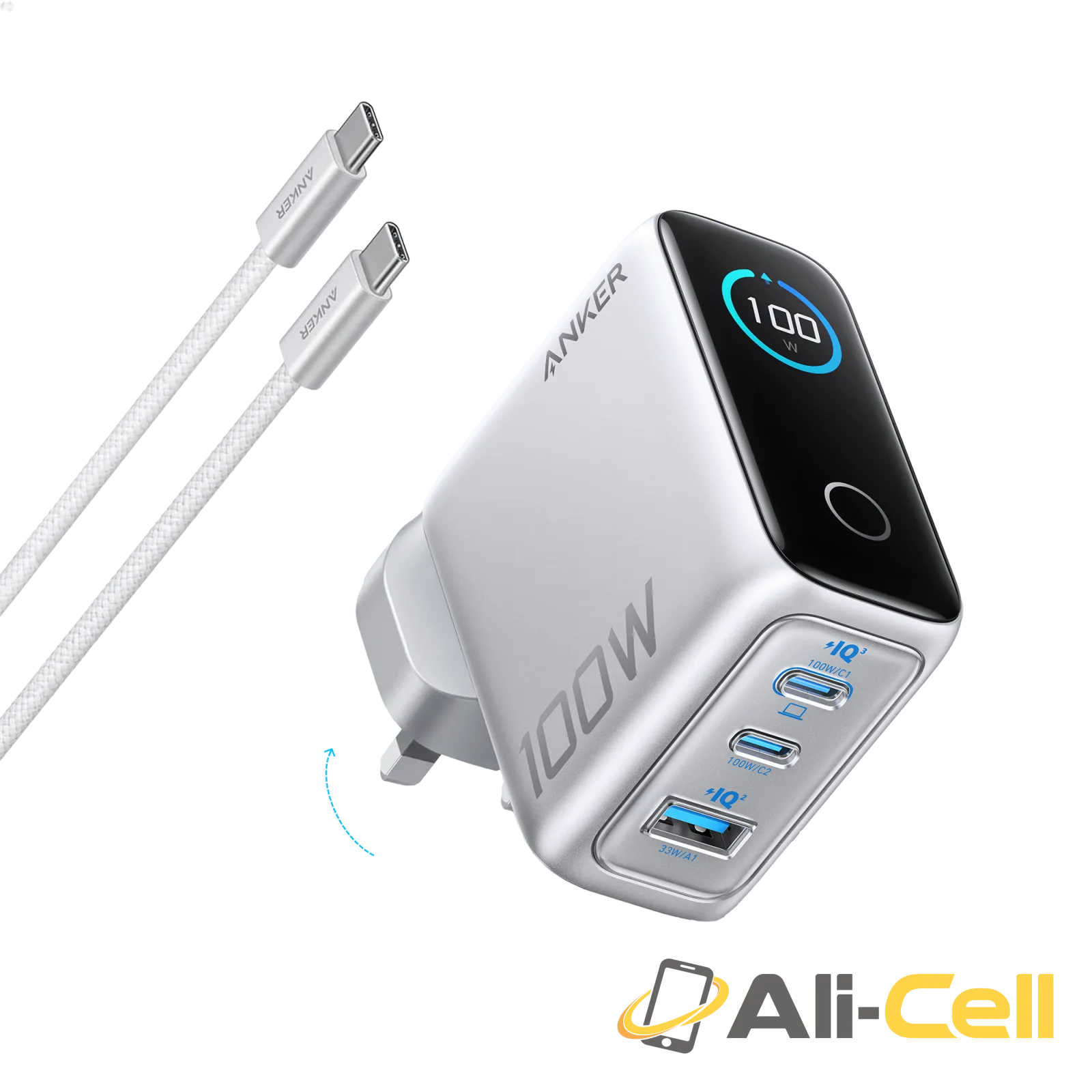 Anker Charger (100W, 3 Ports, Smart Display) (Silver)