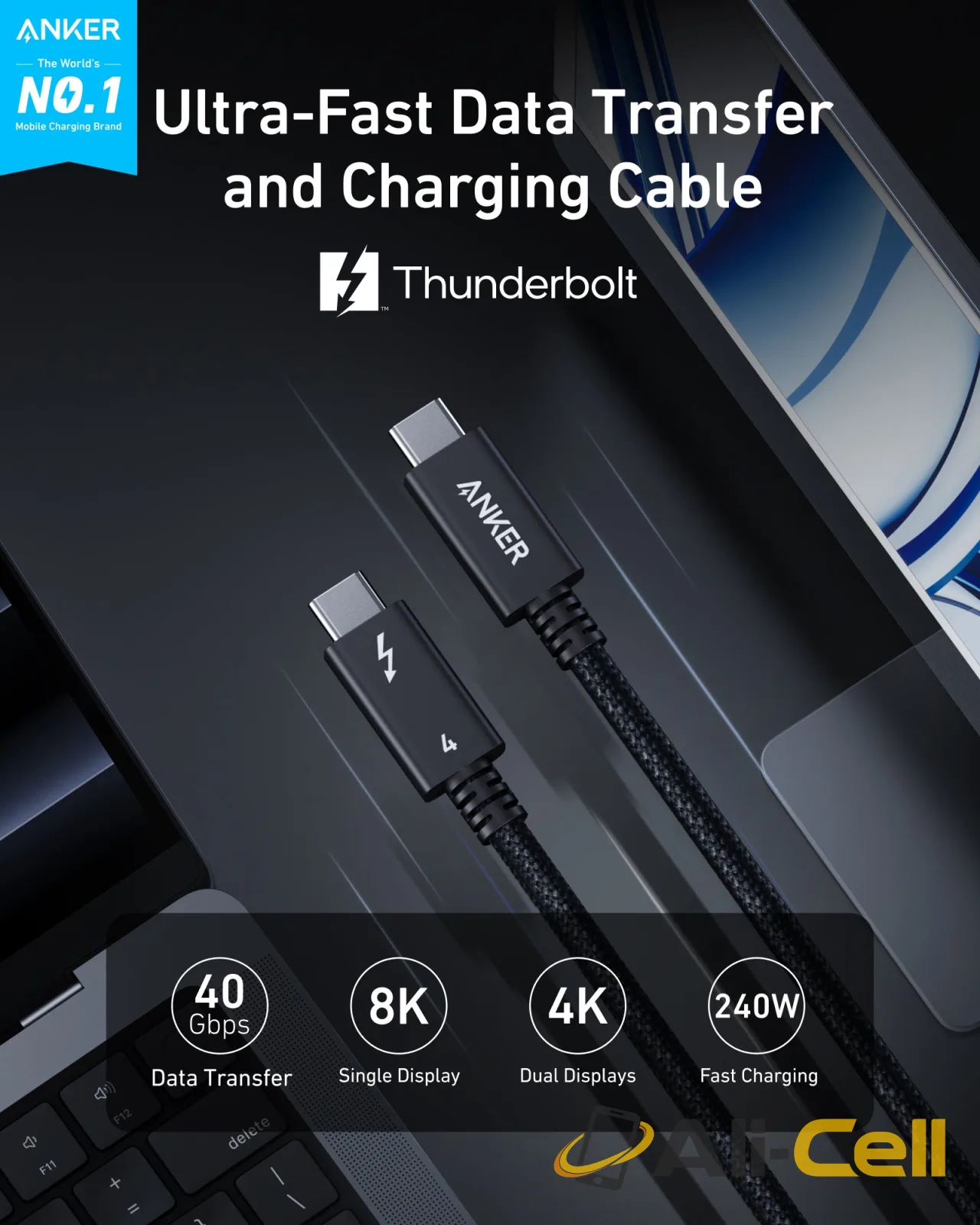 Anker Prime Thunderbolt 4 Cable USB C to USB C (3.3 ft, 40Gbps, 240W) — 2