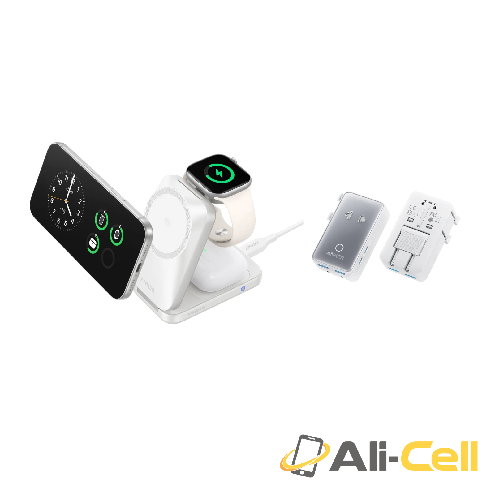 Anker Prime Wireless Charging Station (3-in-1, MagGo, AirCool, Foldable) + Anker Nano Travel Adapter (5-in-1, 20W) (Silver)