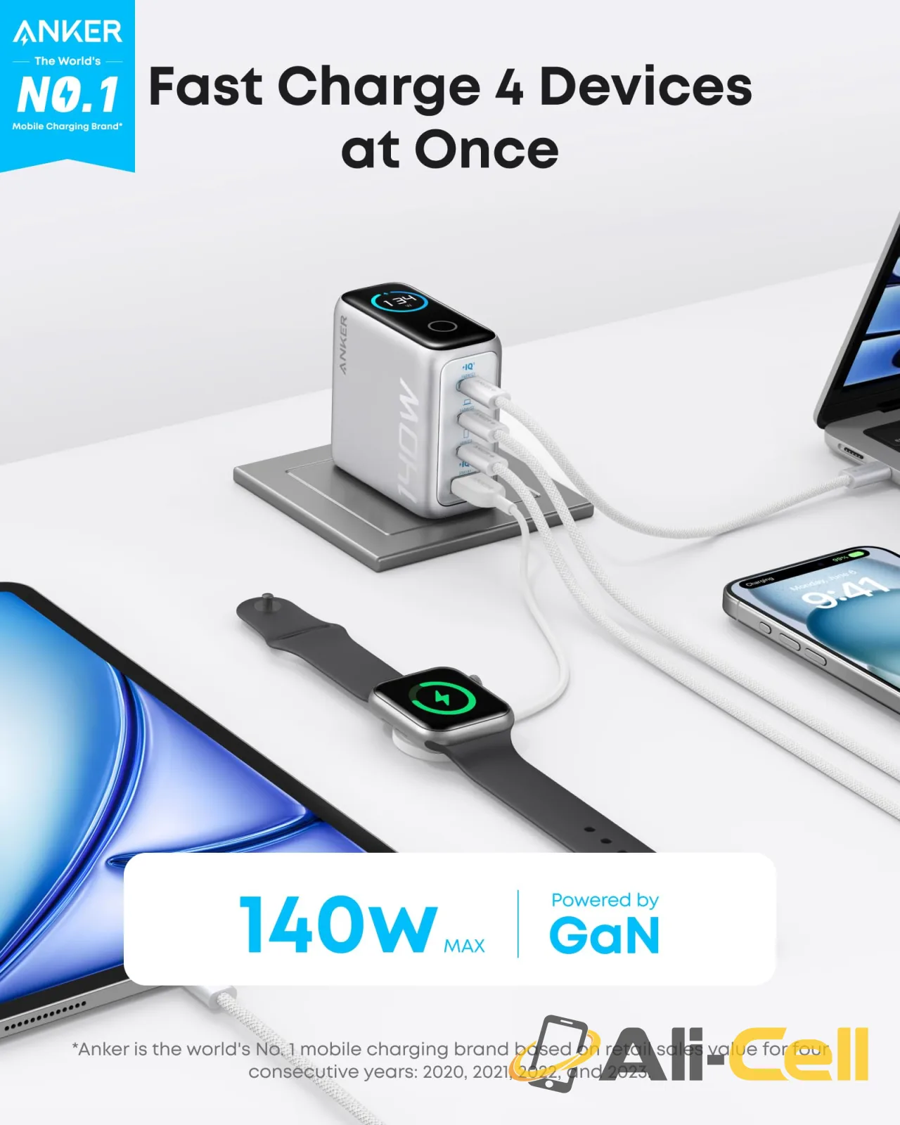 Anker Laptop Charger (140W, 4-Port, PD 3.1) with USB-C Cable (Silver) — 7