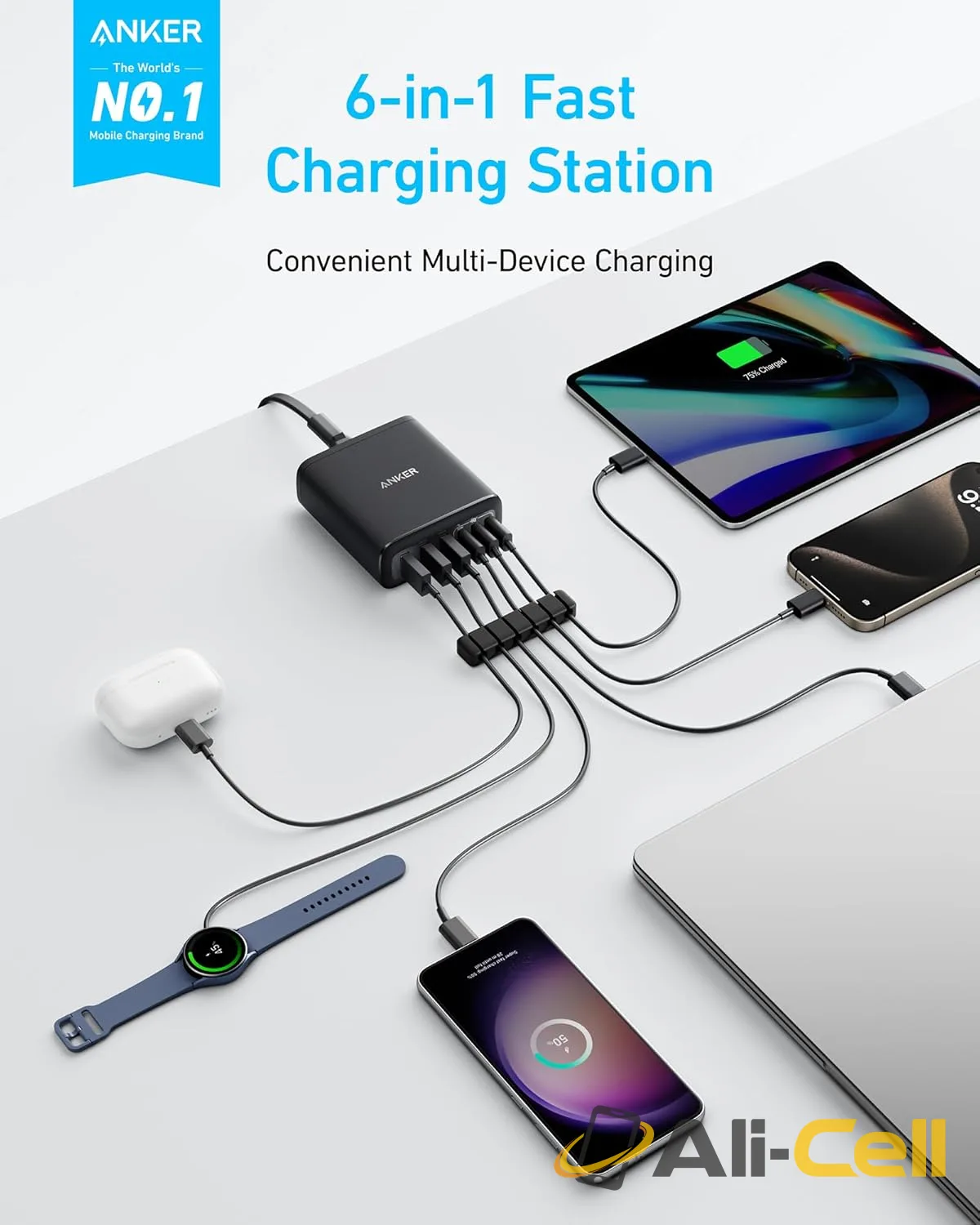 Anker Charger (112W, 6 Ports, GaN) (White) — 3